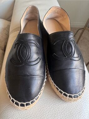 CHANEL Black Leather Slip-On Espadrille-Style Shoe